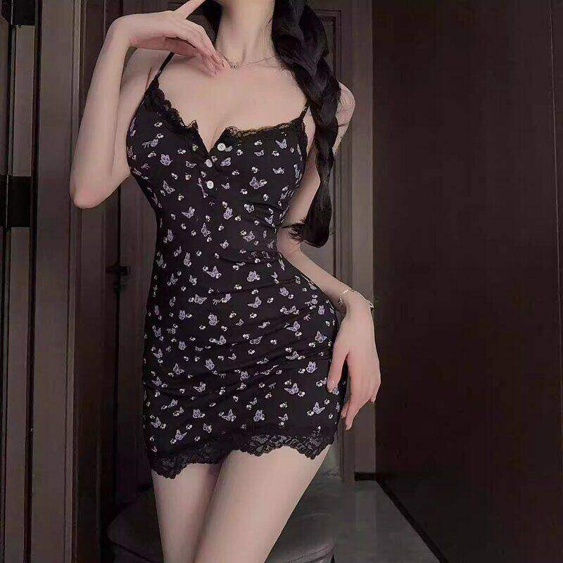 纯纯棉欲少女睡衣黑色蕾丝莫代尔性感吊带裙超短修身紧身辣妹睡裙