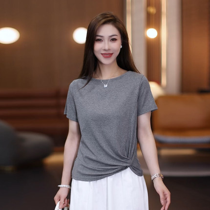 短袖T恤女薄款休闲风条纹夏季新款宽松型韩版柔软舒适正肩袖短款