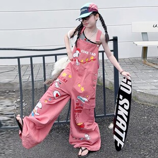 女童粉色卡通背带裤夏季2026新款大儿童装多巴胺吊带工装连体裤子