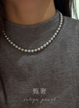 《浅夜》7-8mm无核淡水灰色珍珠项链气质高级休闲百搭锁骨链纯银