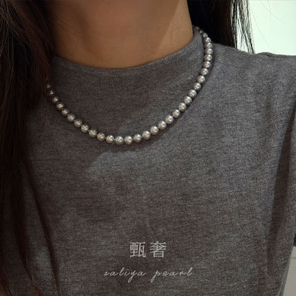 《浅夜》7-8mm无核淡水灰色珍珠项链气质高级休闲百搭锁骨链纯银