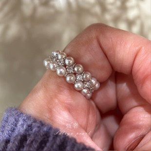 《烁光》天然极光淡水珍珠双排戒指弹力手环S925纯银法式手工串珠