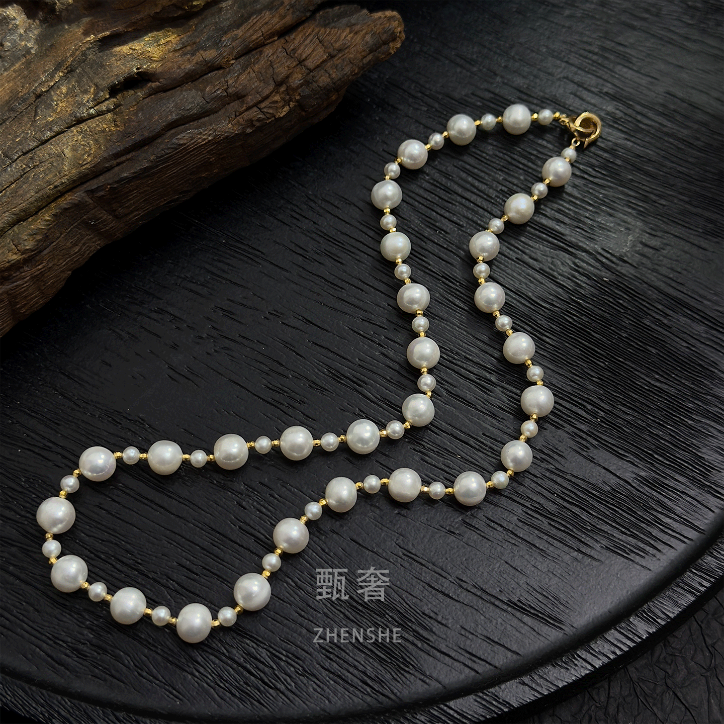 甄奢大小珍珠间隔淡水珍珠项链