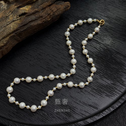 甄奢大小珍珠间隔淡水珍珠项链