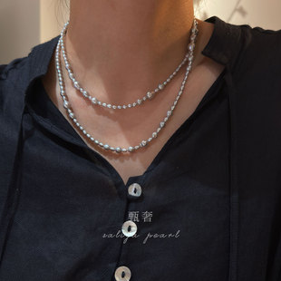 雾月流光 90cm大小间隔灰色淡水keshi珍珠长项链毛衣链双层叠