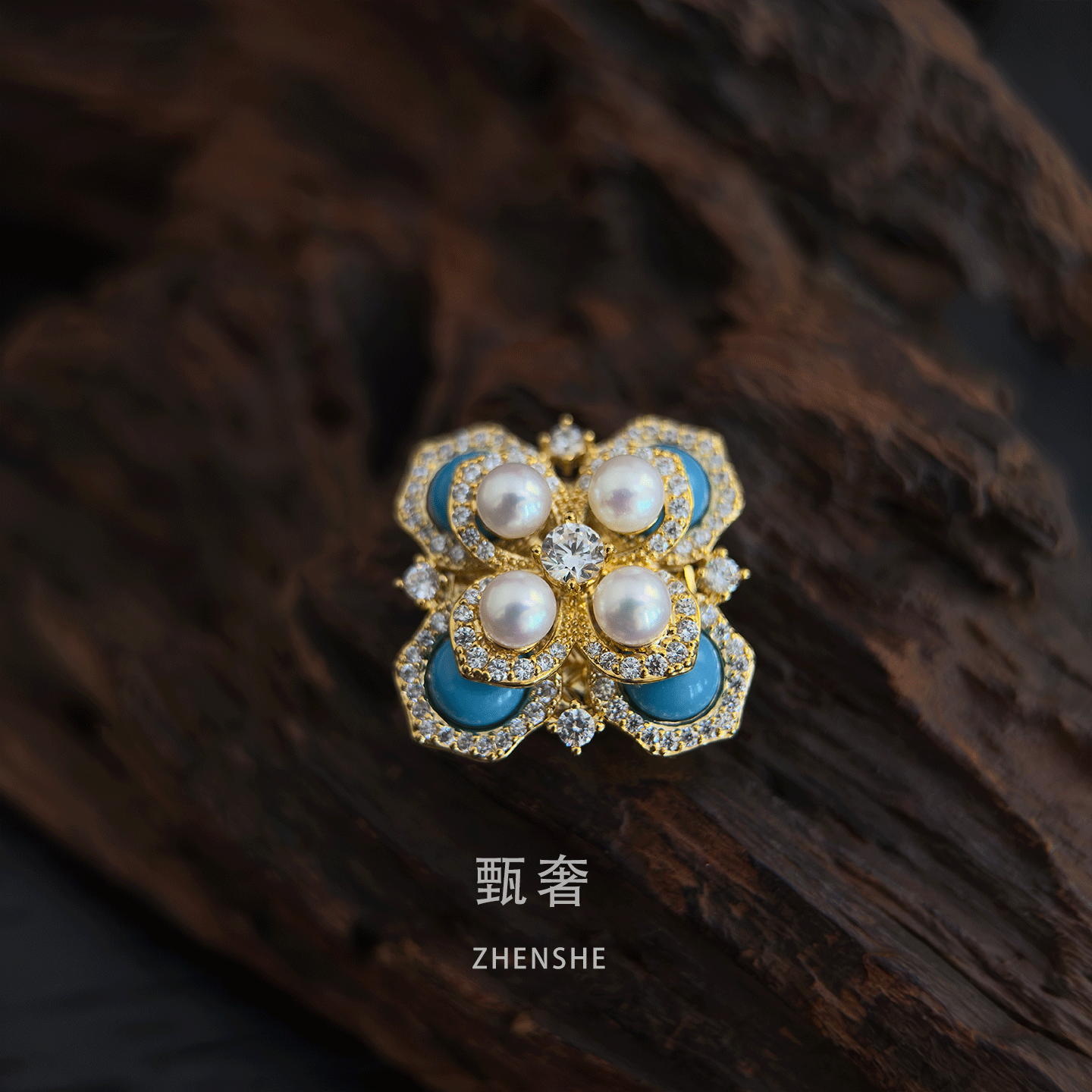 《静湖秋月》无痕磁吸扣正圆淡水珍珠胸针松石蓝胸花安全防走光