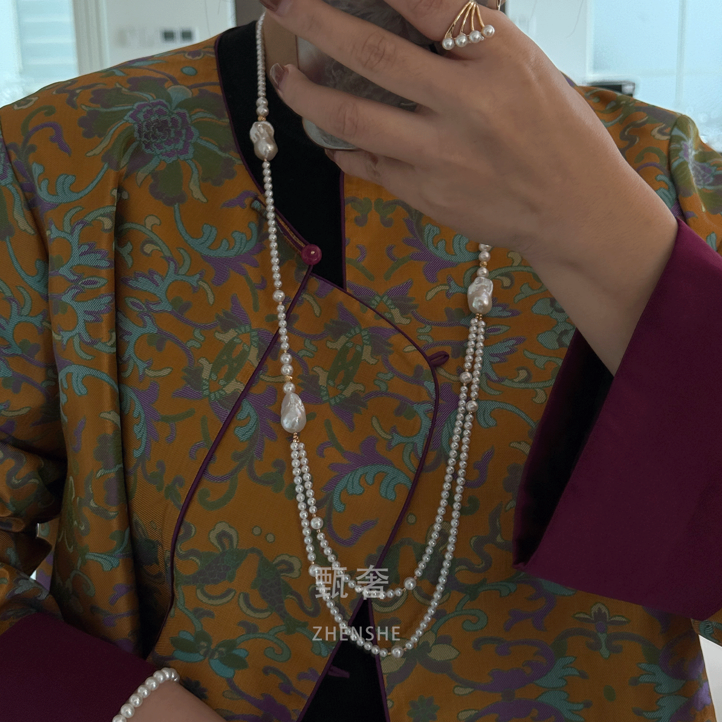 甄奢巴洛克淡水珍珠双层毛衣链