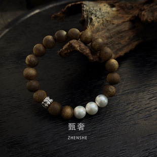 原创10mm真天然奇楠沉香高品质极光淡水珍珠手链手串 莲花一梦