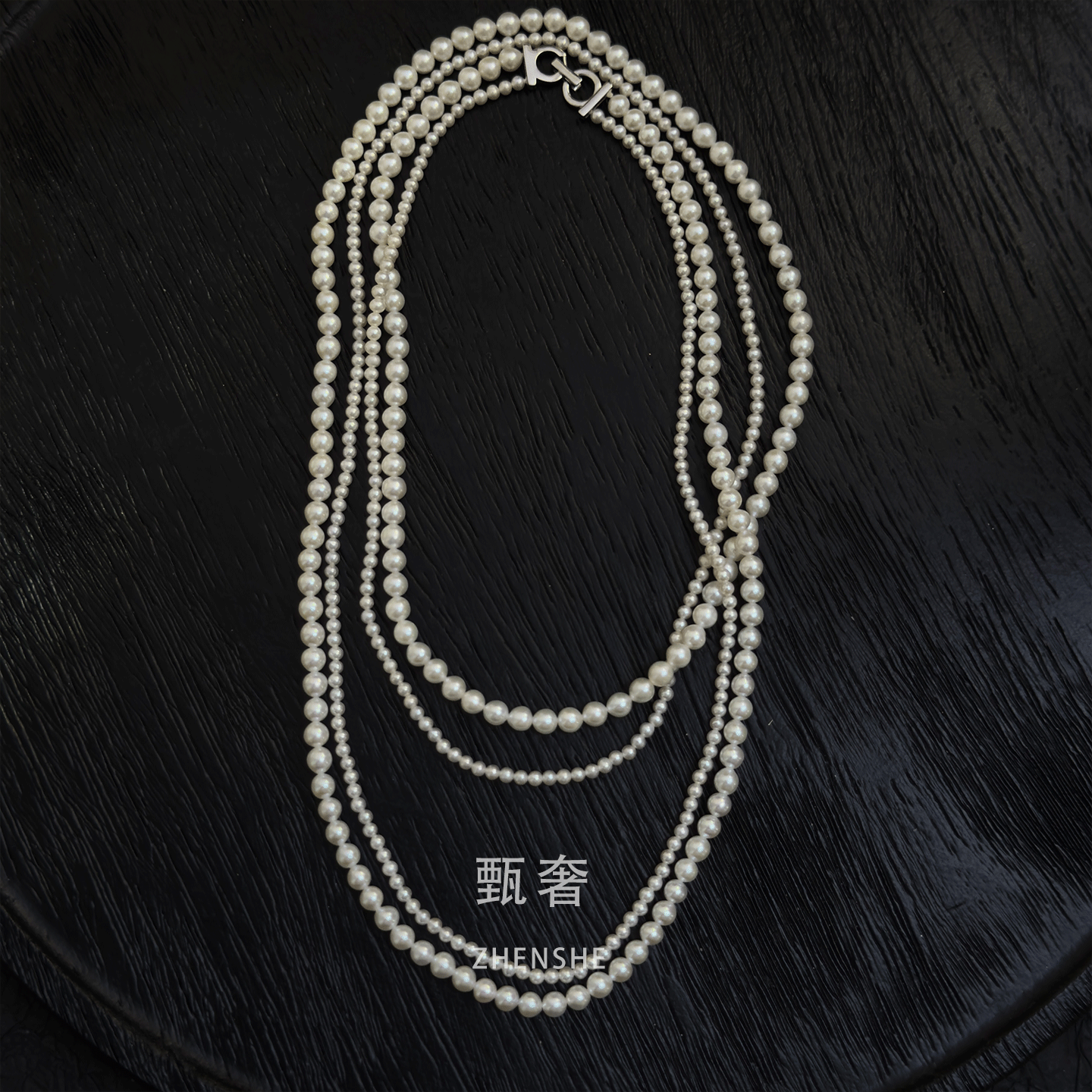 《恋恋星辰》85cm天然极光淡水珍珠大小双层长项链多层叠戴银扣