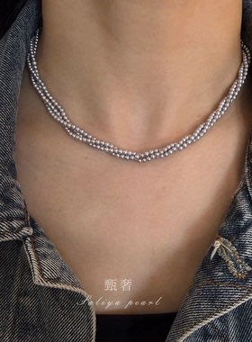 《绕梦三千》天然淡水银灰色小米珠多层项链清冷感锁骨颈链