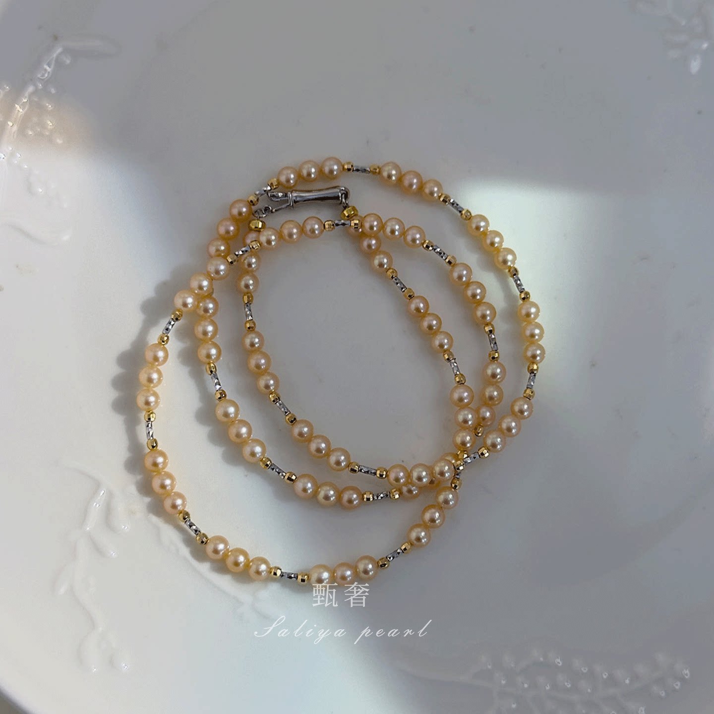 《金汐》50cm原创设计香槟金色极光淡水珍珠项链八宝罗盘纯银吊坠