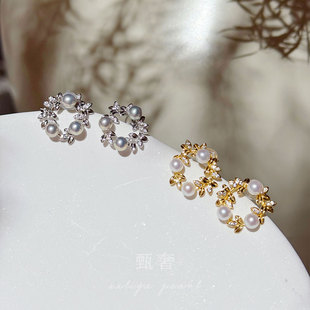 迷露 精工925纯银花环极光正圆银灰色淡水耳钉复古气质耳饰