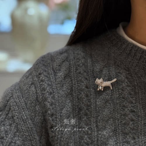 甄奢可爱小猫咪胸针灰色系珍珠
