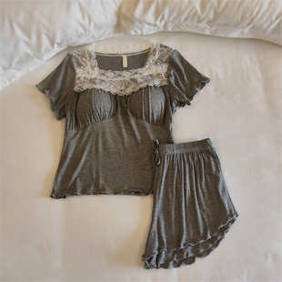 薄款 方领套装 甜美高级感莫代尔家居服春秋天 短袖 带胸垫睡衣女夏季