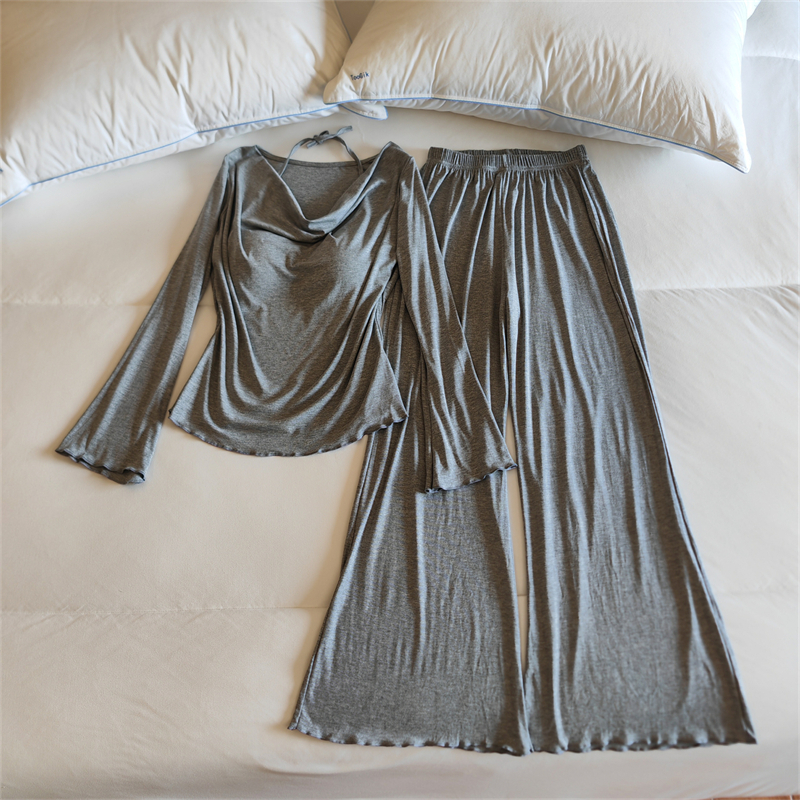 莫代尔睡衣女春秋季长袖带胸垫