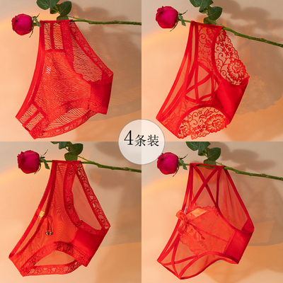大红色性感蕾丝透明本命年内裤女