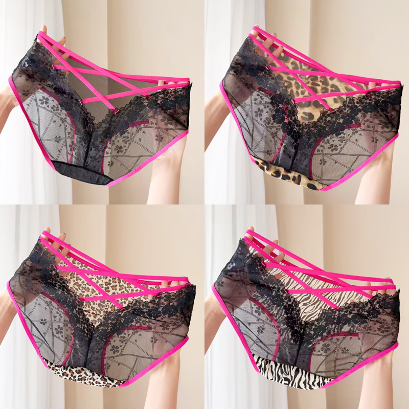 性感蕾丝豹纹网纱透明大码内裤女
