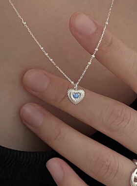 925纯银韩国爱心条纹蓝锆石项链女韩版简约小众设计桃心形锁骨链