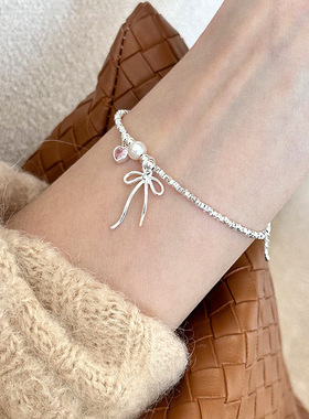 S925纯银甜美心粉色爱心蝴蝶结碎银子珍珠手链日韩简约设计款