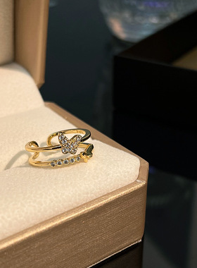 时尚高级感双层蝴蝶闪钻戒指网红潮人气质食指戒ins女款指环饰品