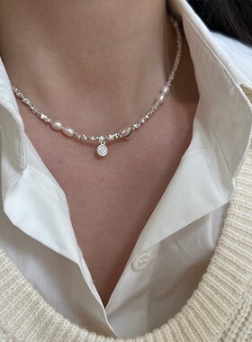 S925镀银碎银子笑脸爱心珍珠项链简约小众项链轻奢气质女