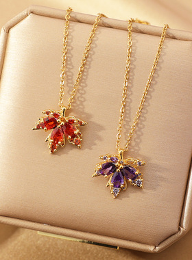 日韩风轻奢红色枫叶钛钢项链女精致锆石轻奢锁骨链百搭高级感饰品