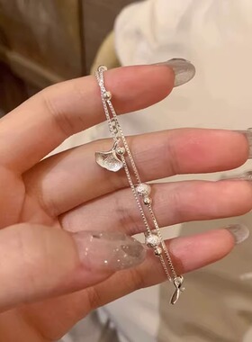 925纯银双层叠戴银杏叶手链女款轻奢小众精致2024年新款饰品