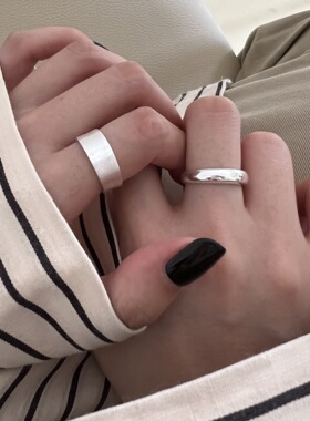 S925纯银磨砂拉丝戒指女小众个性韩版时尚几何素银宽面指环