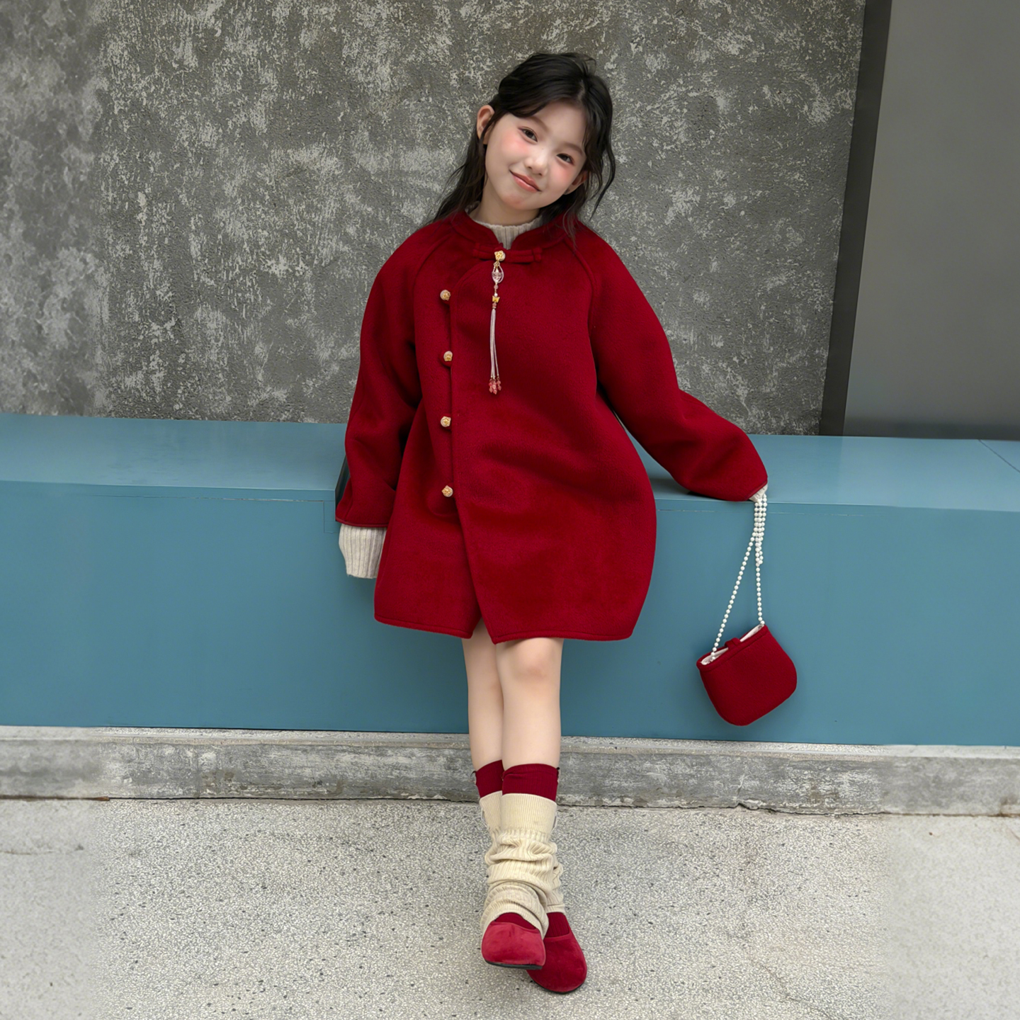女童加绒呢大衣2025新款秋冬款红色年服加厚国风中长款风衣新中式