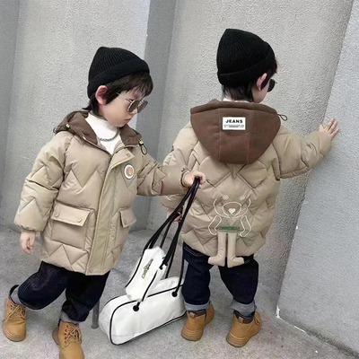 男童棉服胸前带闪光新款棉衣加绒加厚洋气中长款冬装儿童棉袄男孩
