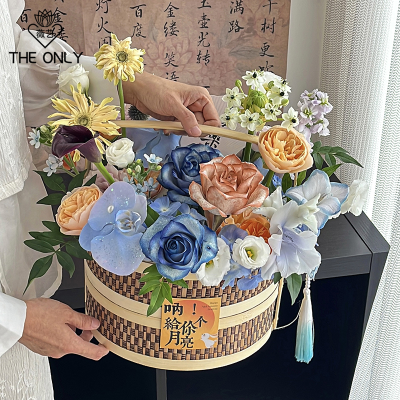 薇艺中式双层手提篮竹编花篮