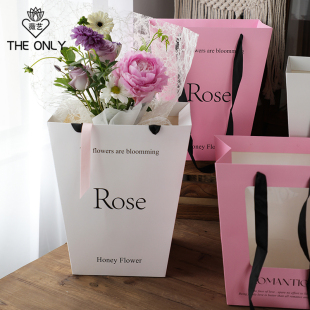 薇艺梯形手提袋鲜花包装 礼品袋橱窗袋 手拎袋透明开窗礼袋花艺包装