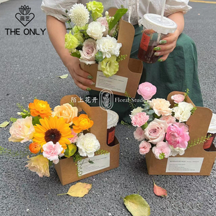 薇艺牛皮纸咖啡手提花盒花艺资材防水插花盒鲜花礼物盒花束包装 盒