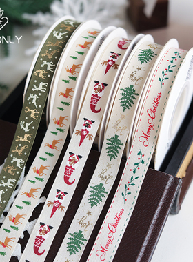1.6cm平纹棉圣诞印花丝带礼物包装花艺DIY装饰烘焙蝴蝶结彩带绸带