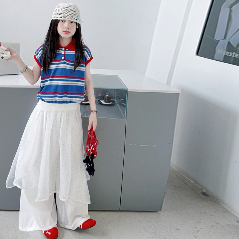 【酷哒仔】女童冰感条纹POLO衫网纱裤子两件套装2026夏中大童套装