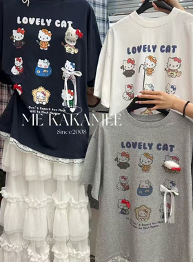 2026夏季新款KAKAMEE休闲百搭韩版减龄卡通KT猫蕾丝花边短袖T恤女