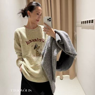 2025冬季新款TTOO休闲百搭卡通狗狗条纹德绒宽松T恤保暖弹力上衣