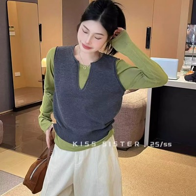 2025冬季新款KISS SISTER休闲百搭撞色针织衫背心两件套上衣内搭