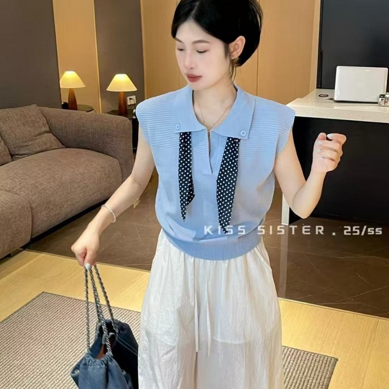 十三行2025夏季新款KISS SISTER纯色冰丝针织衫翻领配波点丝巾