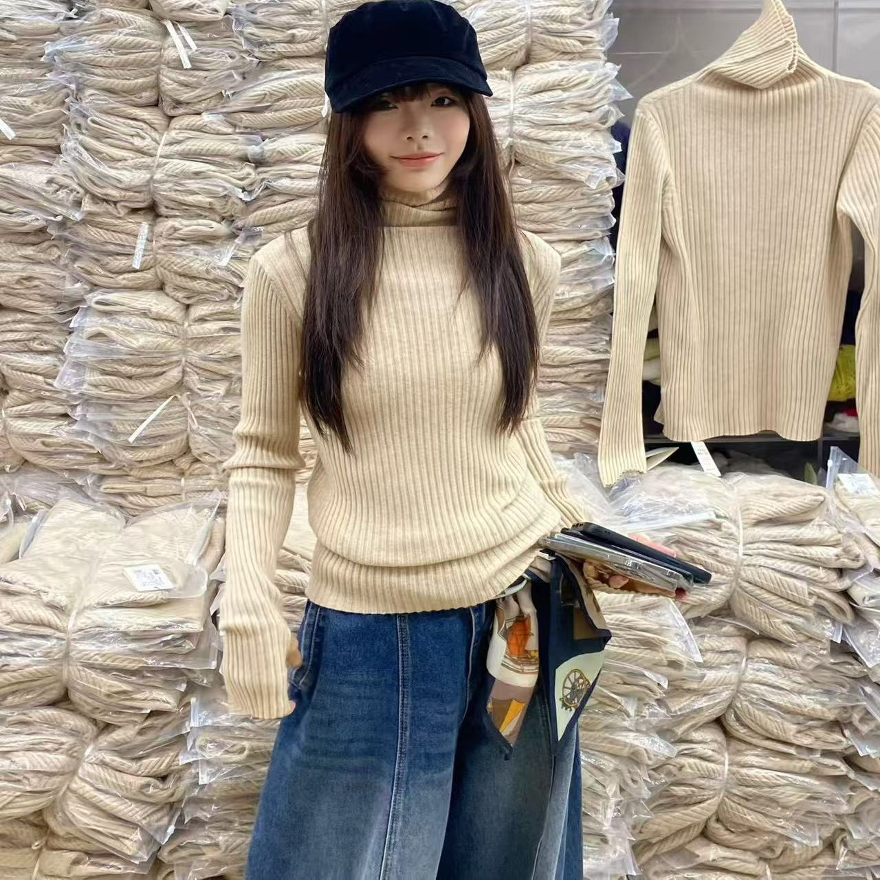 2025冬季新款DoubleSeven休闲百搭高领针织衫坑条修身打底衫上衣
