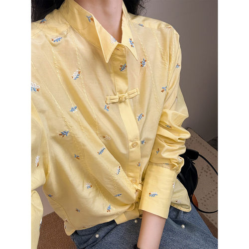 IMMUNO壹糯 复古国风盘扣小翻领宽松长袖上衣真丝混纺棉印花衬衫