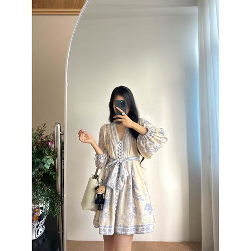 中式亚麻印花灯笼袖收腰显瘦连衣