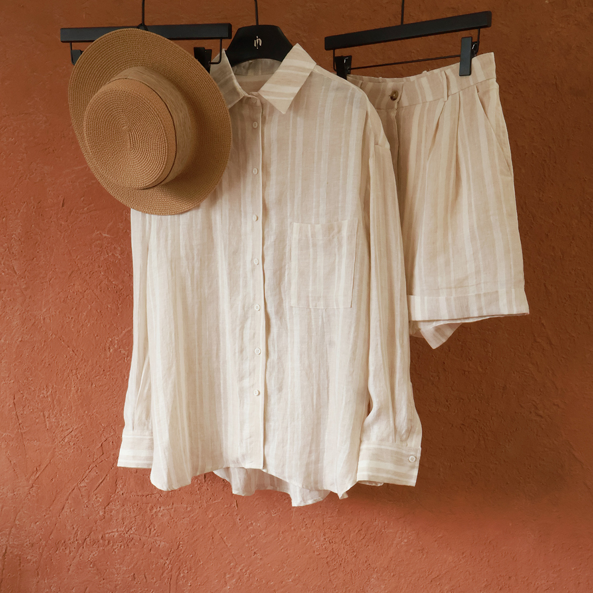 纯亚麻色织米白条纹长袖衬衫套装