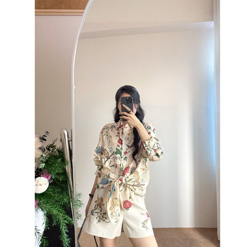 IMMUNO壹糯 花鸟树印花苎麻氛围感翻领防晒休闲百搭宽松长袖衬衫