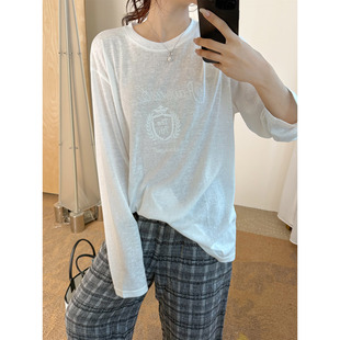 IMMUNO壹糯 韩系简约风字母刺绣钉珠宽松百搭棉天丝混纺长袖T恤