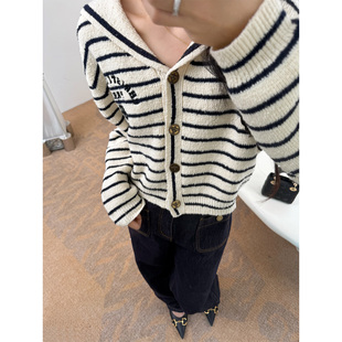IMMUNO壹糯 D家学院风海军风条纹撞色短款百搭针织毛衣开衫外套