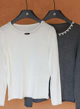 IMMUNO壹糯 JO*y深灰色手工钉珠亮钻羊毛打底修身休闲舒适T恤衫