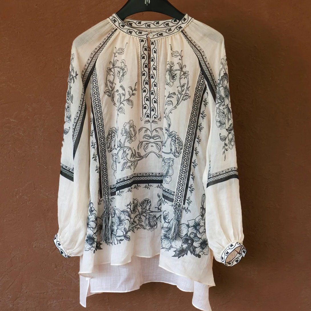 IMMUNO壹糯 夜蓝诗苎麻定位花中式V领长袖衬衫松弛感气质国风上衣