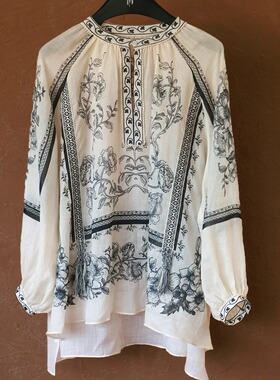 IMMUNO壹糯 夜蓝诗苎麻定位花中式V领长袖衬衫松弛感气质国风上衣