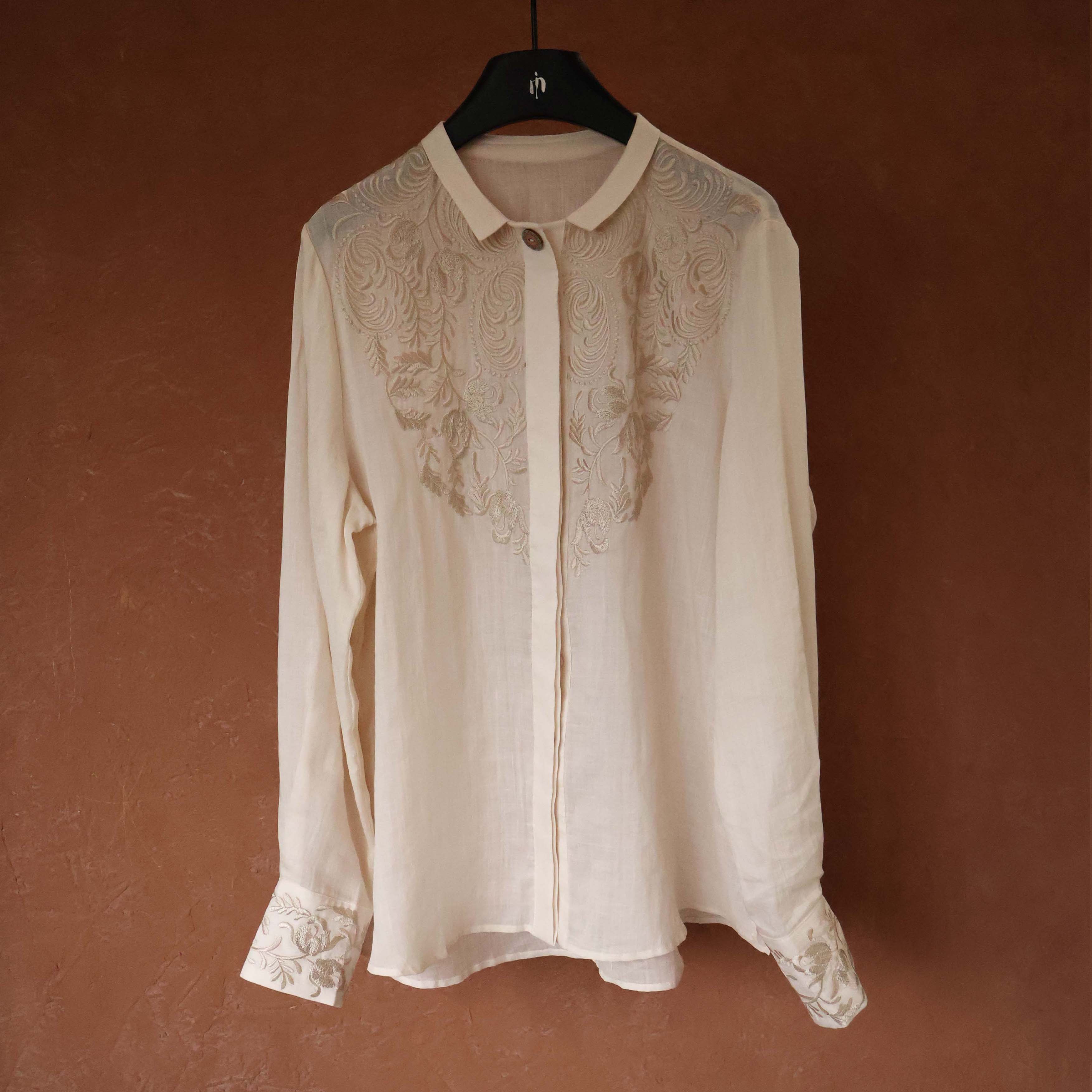 IMMUNO壹糯 2025早春中式国风重工花卉刺绣翻折立领苎麻衬衫上衣